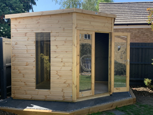 Bespoke Corner Garden Shed Doors Open